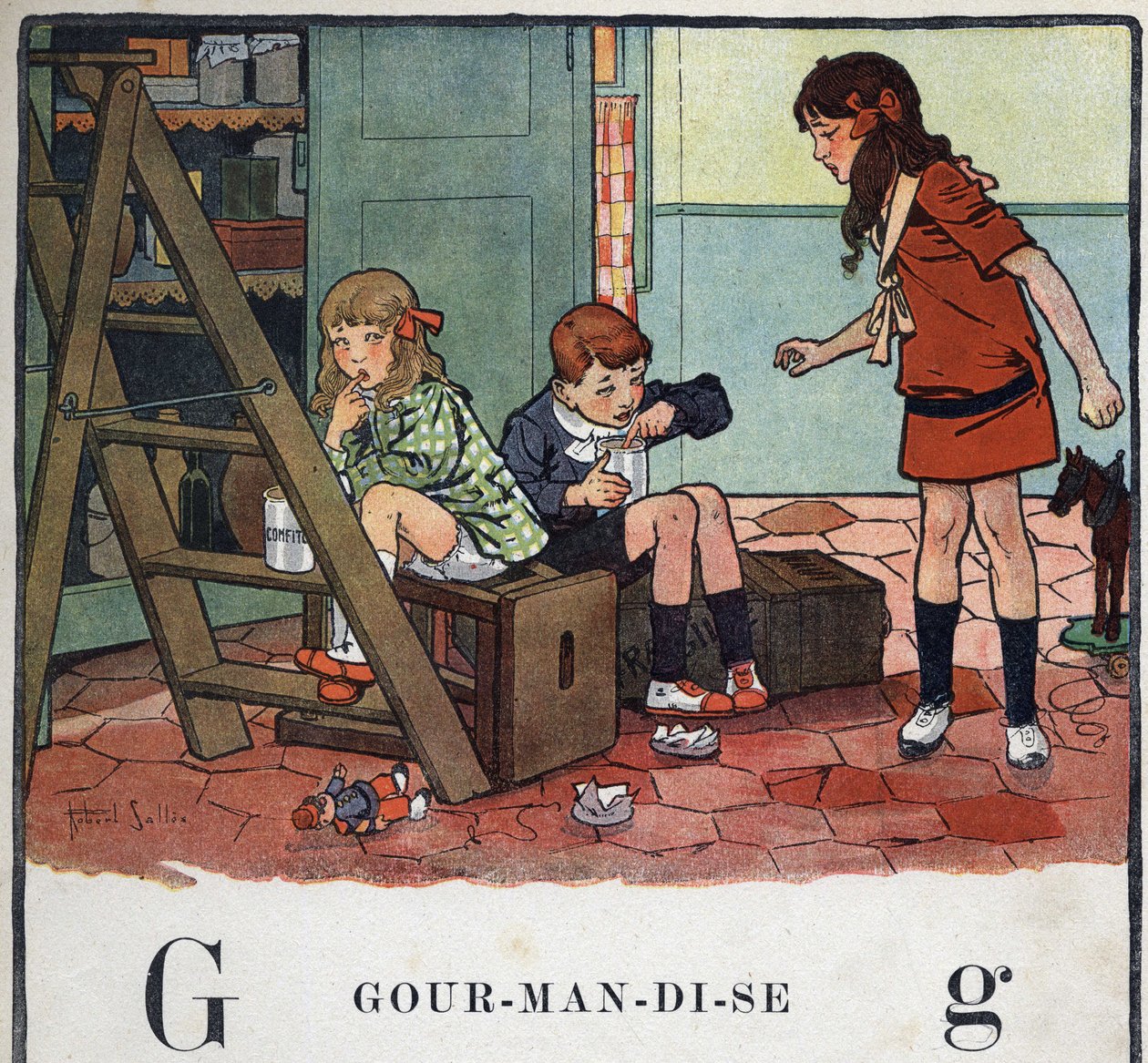 Kinderbuch „Ich werde lesen - Methodisches und lustiges Alphabet von einem Vater“ 1926. Illustration von Robert Salles (1871-1929). Abecedarium: Buchstabe G wie Nascherei. Mädchen und Jungen essen heimlich kandierte Früchte. von Robert Salles