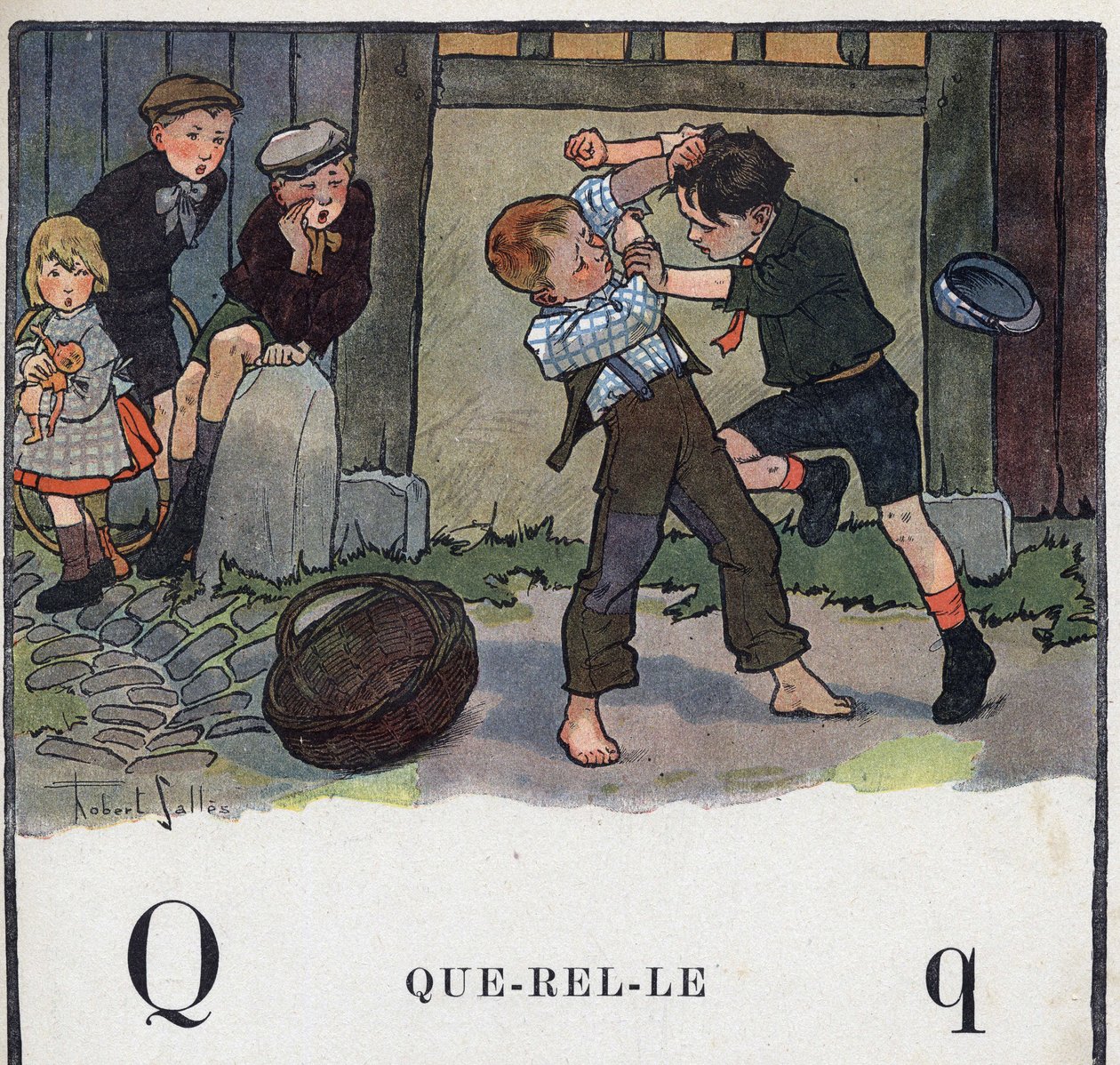 Kinderbuch „Ich werde lesen - Methodisches und lustiges Alphabet von einem Vater“ 1926. Illustration von Robert Salles (1871-1929). Abecedaire: Buchstabe Q wie Streit. Zwei Jungen kämpfen im Hof von Robert Salles