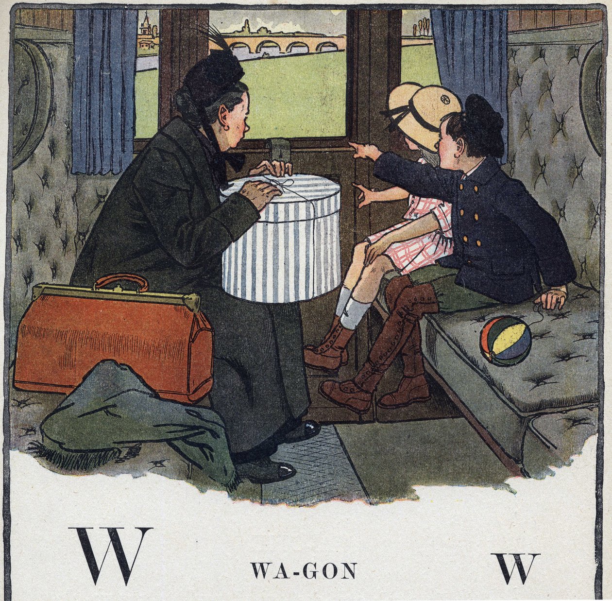 Kinderbuch „Ich werde lesen - Methodisches und lustiges Alphabet von einem Vater“ 1926. Illustration von Robert Salles (1871-1929). Abecedaire: Buchstabe W wie Wagen. Zwei Kinder reisen mit ihrer Mutter in einem Zugabteil von Robert Salles