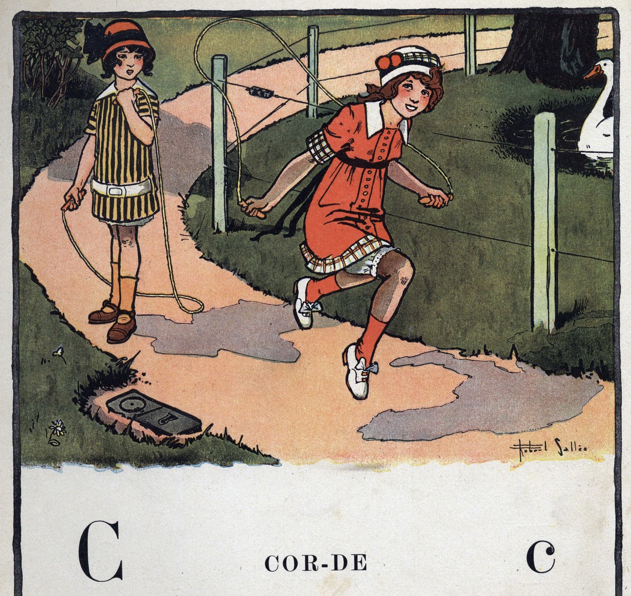 Kinderbuch „Ich werde lesen - Methodisches und lustiges Alphabet von einem Vater“ 1926. Illustration von Robert Salles (1871-1929). Abecedaire: Buchstabe C wie Seil. Zwei Mädchen spielen Seilspringen von Robert Salles