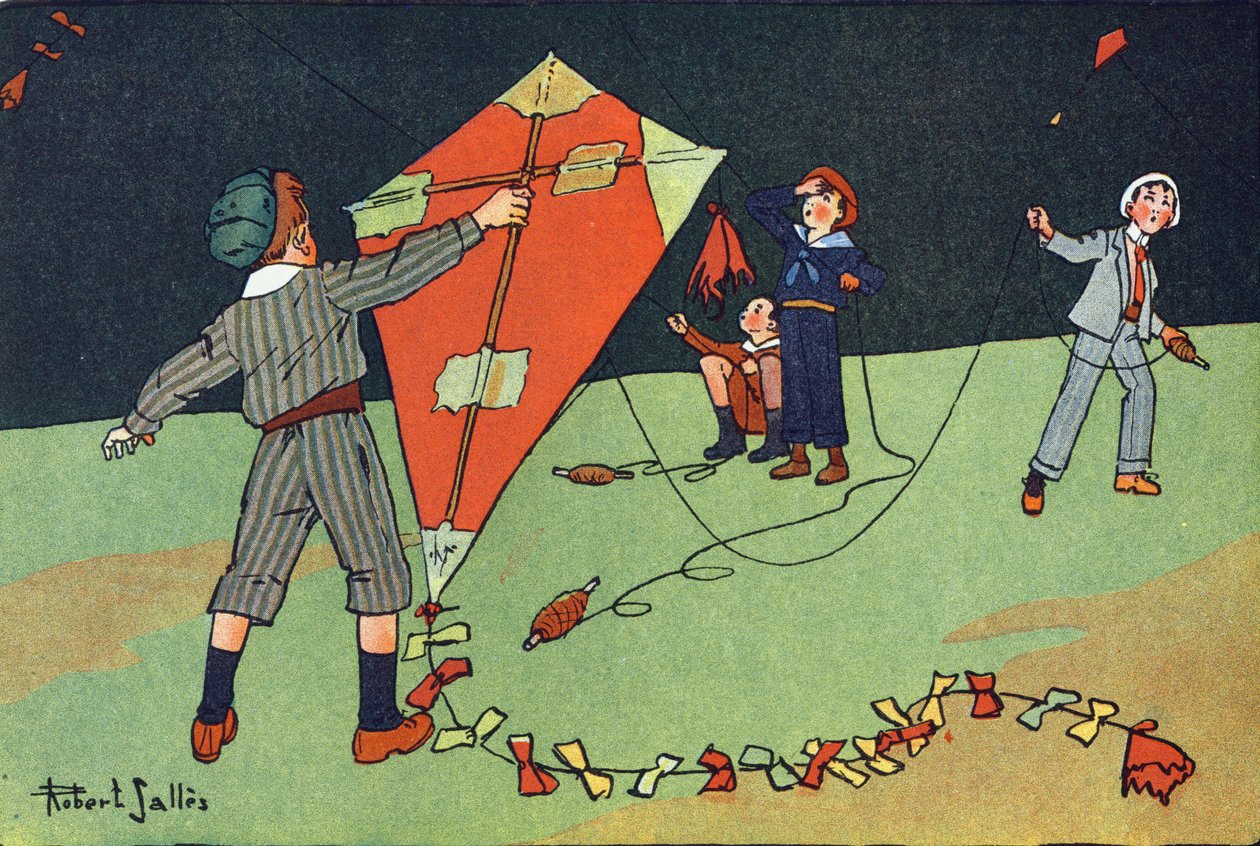 Der fliegende Drachen. Gravur in „Was spielen wir?“ von E. Weber mit Aquarellzeichnungen von Robert Salles (1871-1929). Librairie Garnier Freres, Paris von Robert Salles