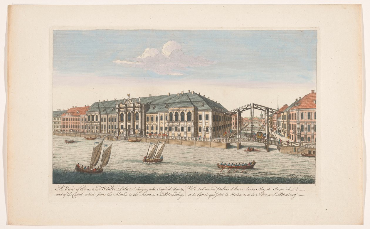 Ansicht des Winterpalastes und des Kanals zwischen den Flüssen Mojka und Neva in Sankt Petersburg von Robert Sayer (possibly)