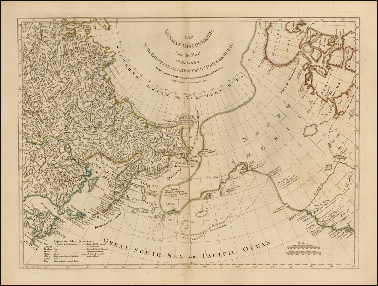 Karte von 1775 - Die russischen Entdeckungen, von der Karte veröffentlicht von der Kaiserlichen Akademie von St. Petersburg von Robert Sayer