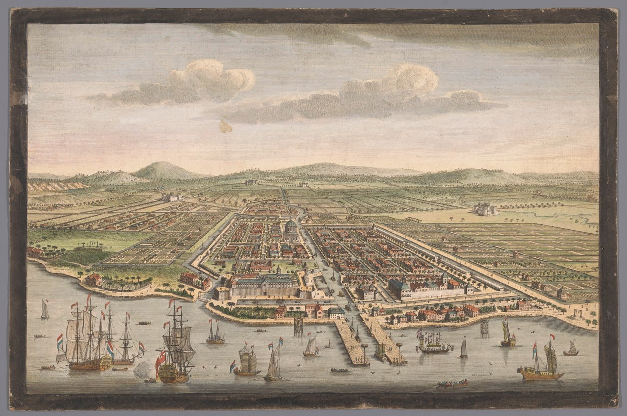 Ansicht der Stadt Batavia, Die Stadt Batavia auf der Insel Java und Hauptstadt aller niederländischen Fabriken und Siedlungen in Ostindien (Titel auf dem Objekt), Niederlassungen der VOC (Serientitel) von Robert Sayer