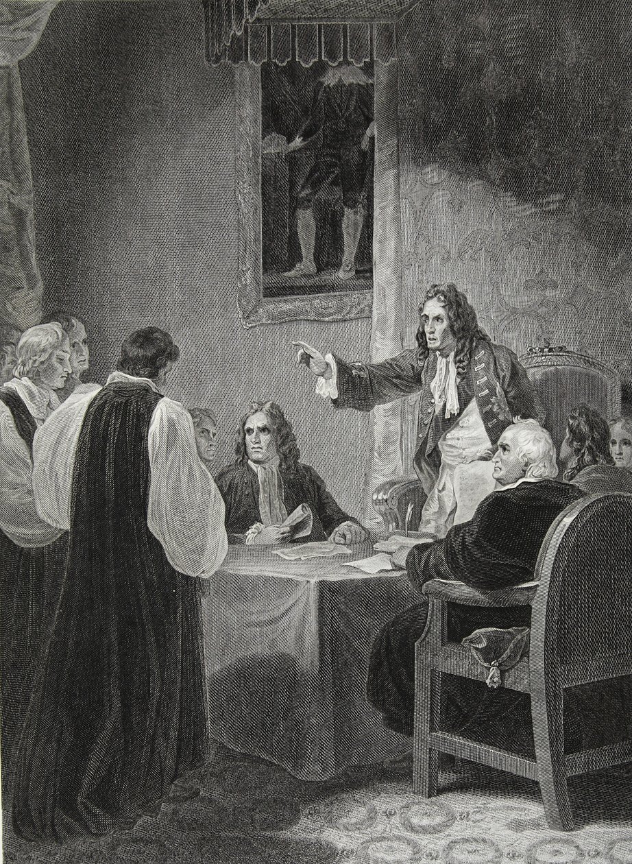 Die Bischöfe vor dem Geheimen Rat, 1688, graviert von George Noble, Illustration aus David Humes 