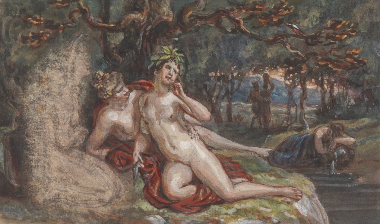 Waldszene mit einem Paar, das unter einem Baum an einem Bach liegt von Robert Smirke