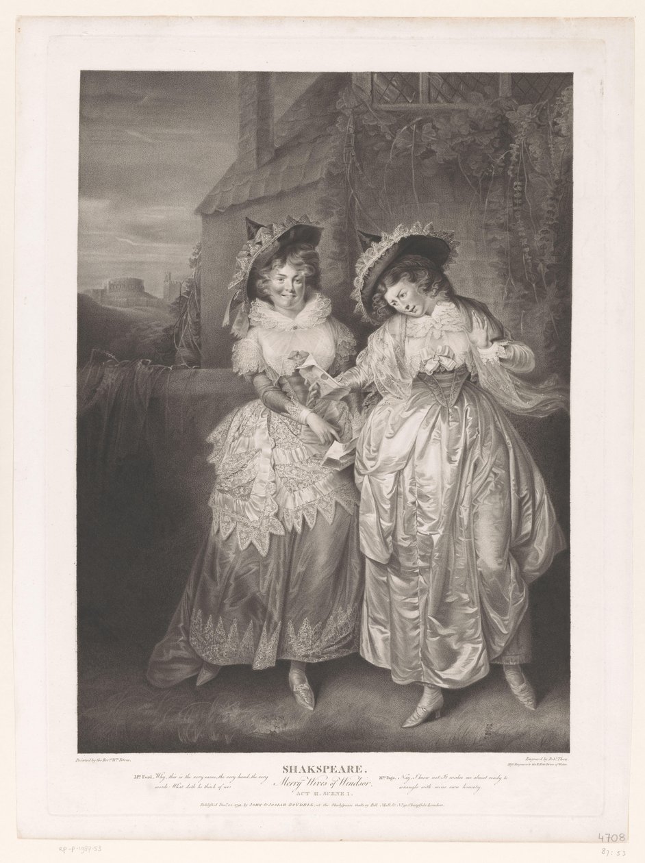 Frau Ford und Frau Page mit dem Liebesbrief von John Falstaff (Shakespeare, Lustige Weiber von Windsor, Drucke nach Gemälden aus Boydells Shakespeare Gallery) von Robert Thew