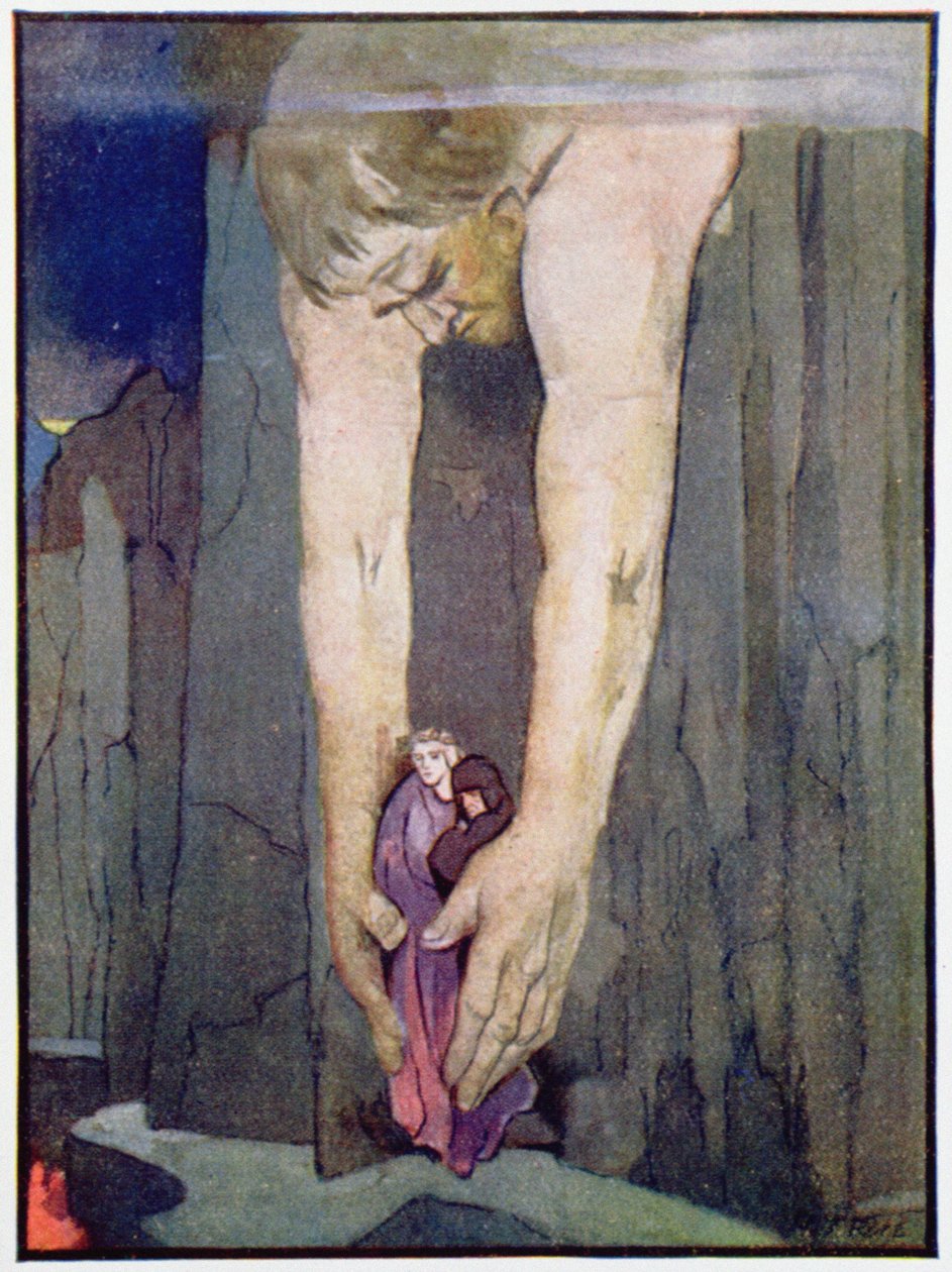Antäus setzt Virgil und Dante im letzten Kreis der Hölle ab, um 1910 (Farblithografie) von Robert Traill Rose