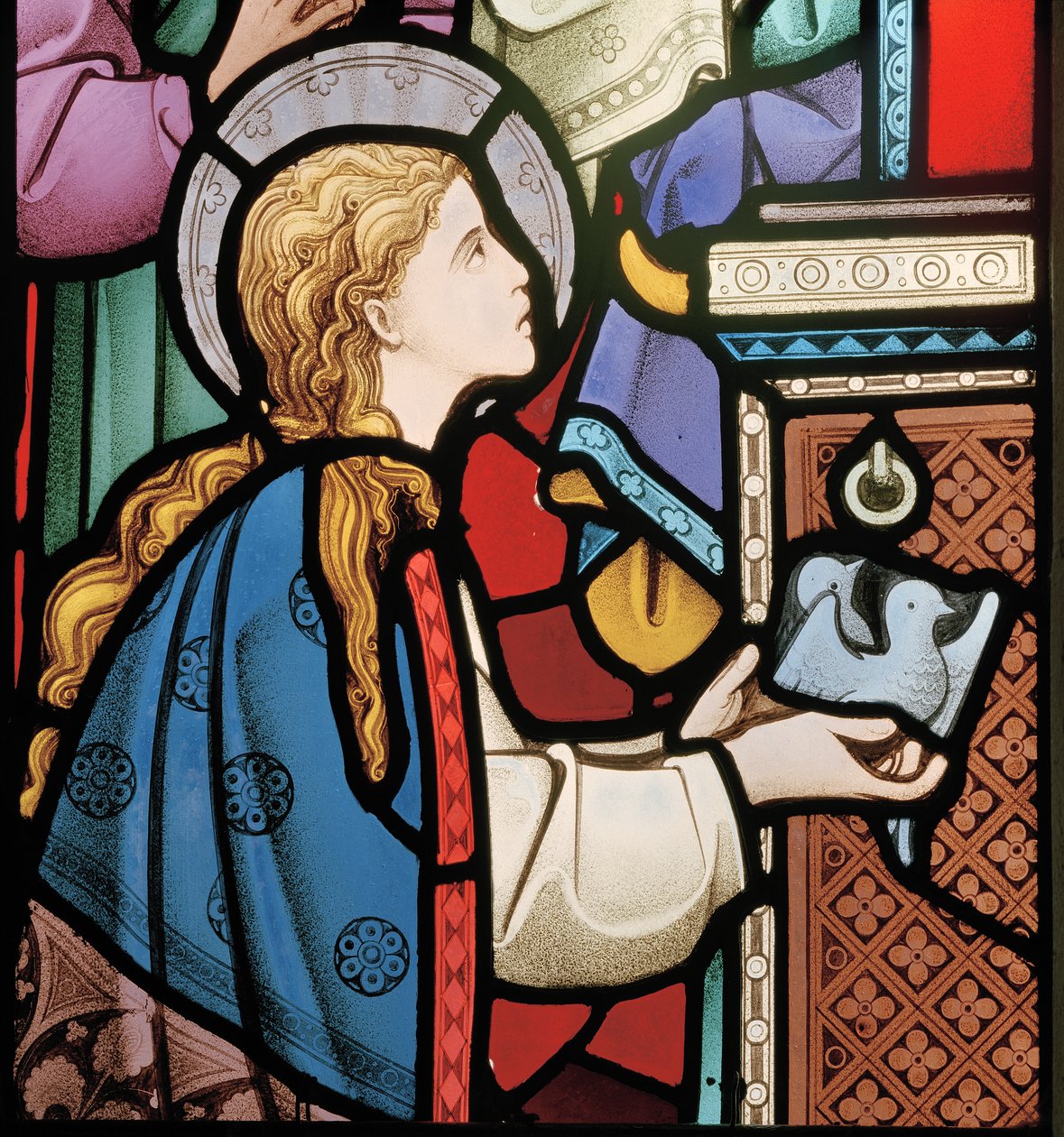 Maria mit Tauben im Tempel, Detail aus dem Ostfenster, 1864 (Glasmalerei) von Robert Turnill Bayne