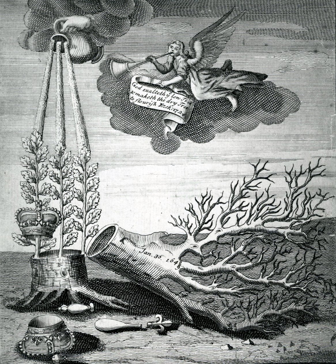 Emblematischer Druck zur Hinrichtung von Charles I und der Stuart-Nachfolge, 1715 von Robert Vaughan