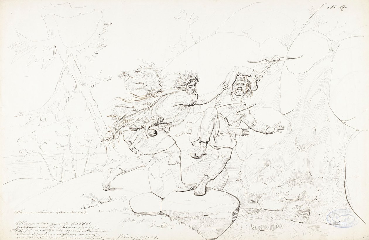 Lemminkäinens Tod; Originalzeichnung zur Serie "Kalewala, Fink National-dikt, dargestellt in Zeichnungen von R.W.Ekman" von Robert Wilhelm Ekman