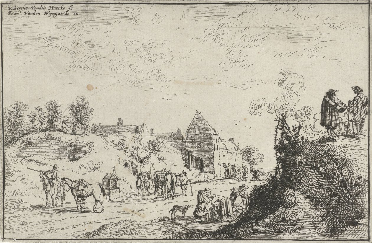 Viele Figuren auf einem Pfad bei einem Dorf von Robert van den Hoecke