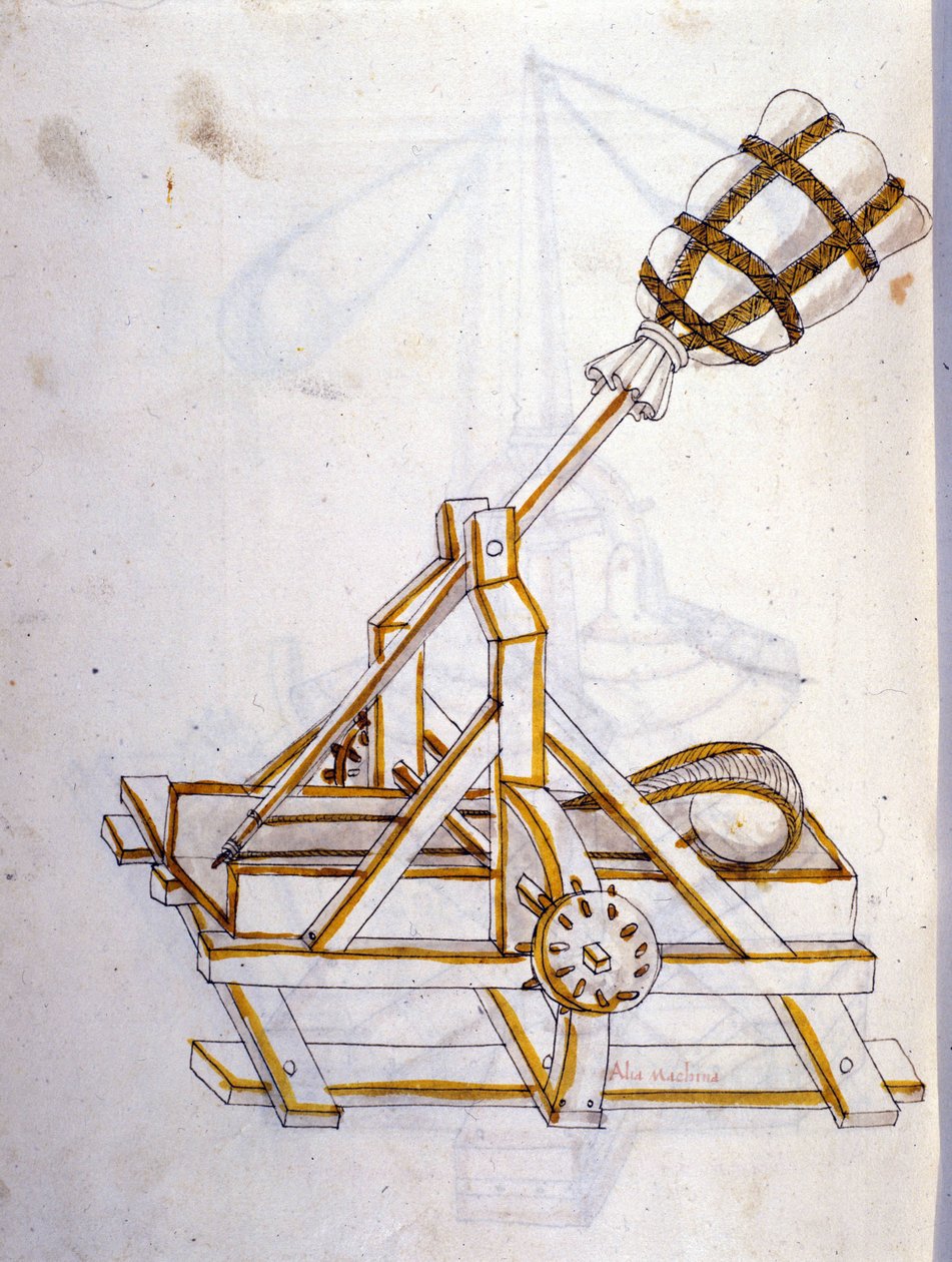 Kunst des Krieges: Studie über militärische Maschinen. Eine Katapult, Illustration aus 