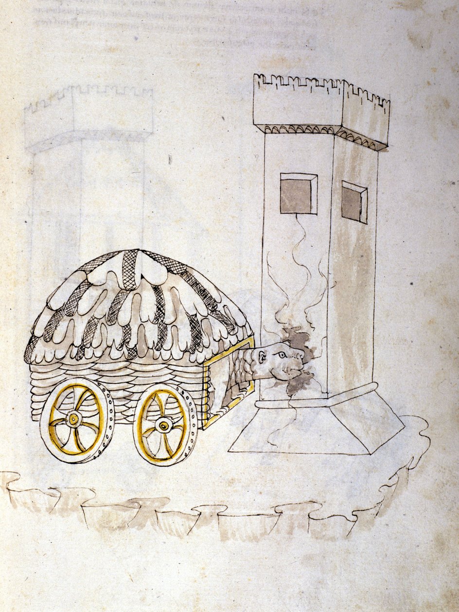 Kunst des Krieges: Studie über militärische Maschinen. Eine Maschine, die mit einem Panzer eine Turm angreift, Illustration aus 