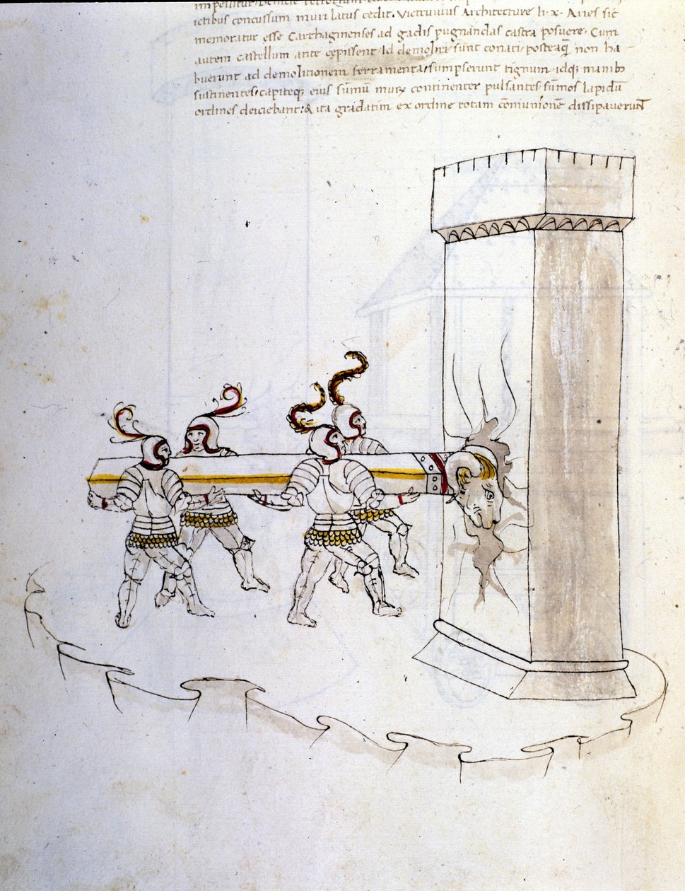 Kunst des Krieges: Studie über militärische Maschinen. Verwendung des Widders zum Belagern eines Turms, Illustration aus 