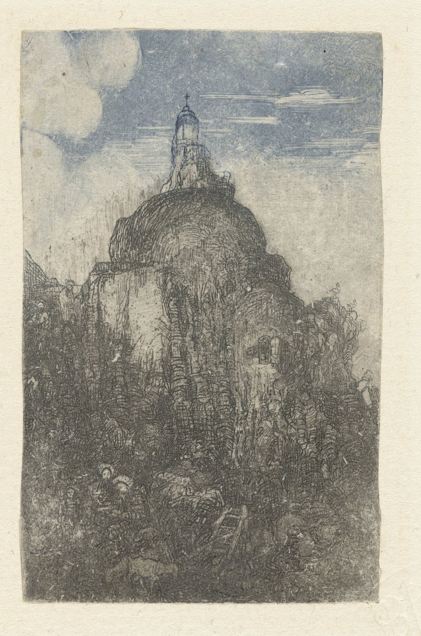 Gebäude auf einem Felsen und ruhende Hirten mit Schafen am Fuß des Felsens von Rodolphe Bresdin