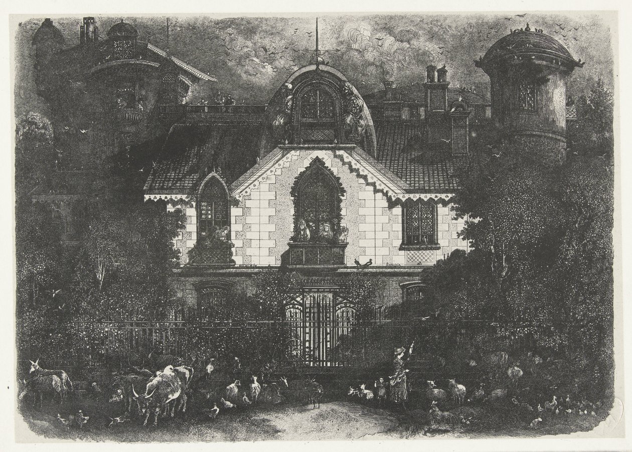 Haus mit Turm hinter einem Zaun und Hirtin mit Vieh von Rodolphe Bresdin
