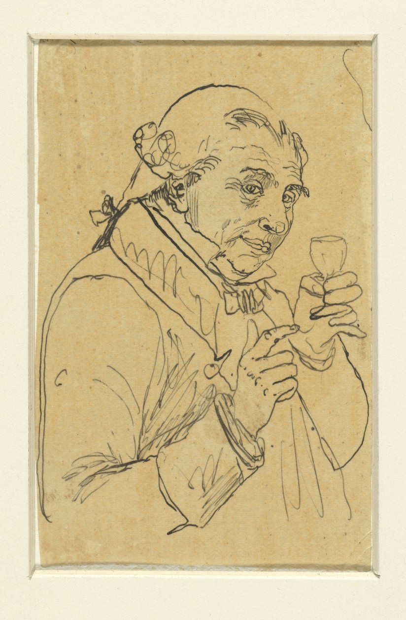 Alter Herr im 18. Jahrhundert Kostüm, in der linken Hand ein Glas Wein erhebend von Rodolphe Bresdin