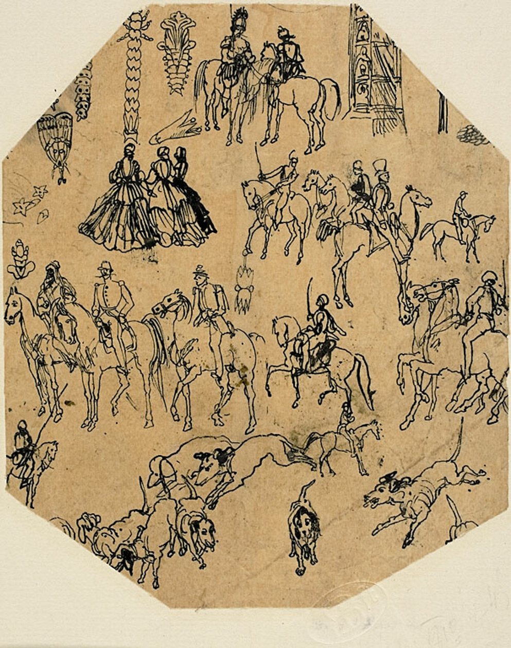 Blatt mit Skizzen: Hunde, Reiter, Damen. Architektonische Elemente, Insekten von Rodolphe Bresdin