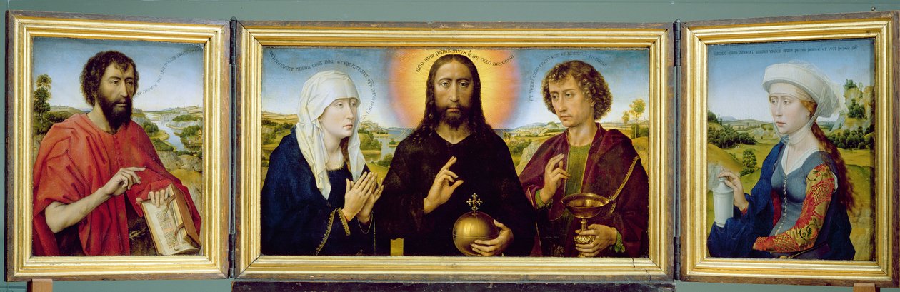 Das Braque-Familientriptychon, St. Johannes der Täufer, Christus der Erlöser zwischen der Jungfrau und St. Johannes dem Evangelisten, St. Maria Magdalena, ca. 1551 von Rogier van der Weyden