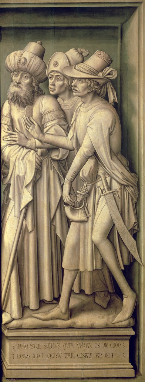 Drei Pharisäer mit Cäsars Münze, aus dem Erlösungstriptychon von Rogier van der Weyden