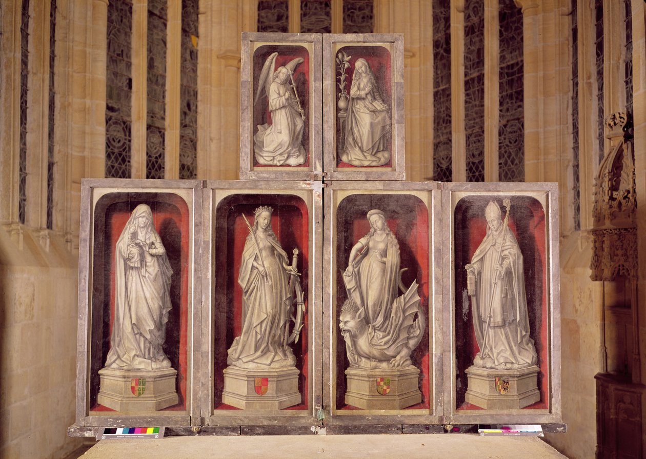 Ansicht der Tafeln des geschlossenen Altars, die Verkündigung und Heilige darstellend, 1460-66 von Rogier van der Weyden