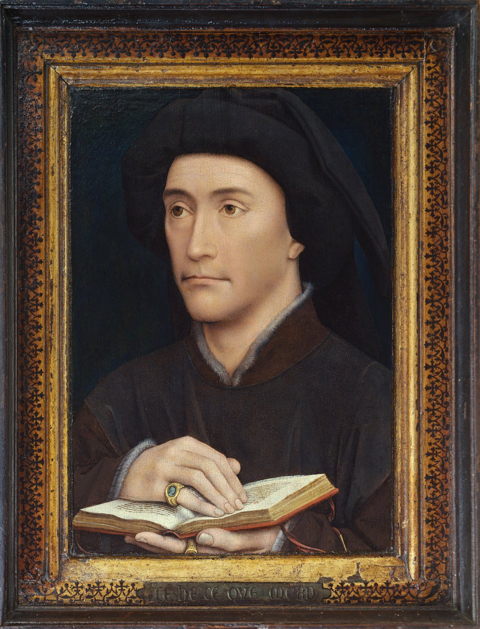 Porträt eines Mannes mit einem offenen Buch (möglicherweise Bischof Guillaume Fillastre) vor 1437 von Rogier van der Weyden