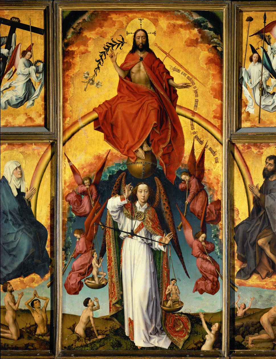 Altar des Jüngsten Gerichts: Christus-Richter, Erzengel Michael wiegt Seelen, Engel blasen Trompeten und tragen die Werkzeuge der Passion; Heilige Maria und Heiliger Johannes der Täufer von Rogier van der Weyden