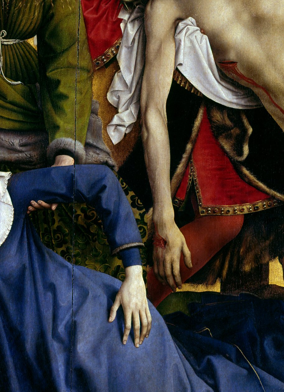 Kreuzabnahme. Detail der Hand der Jungfrau und der Hand Christi. Rogier-Altar (Detail) von Rogier van der Weyden