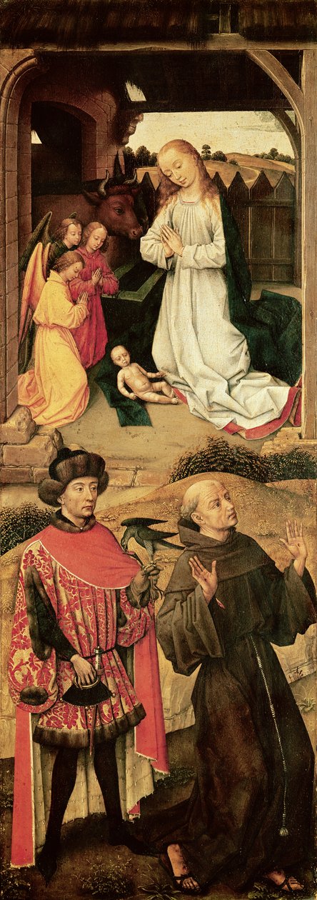 Triptychon von Golgatha (linkes Panel, die Geburt Christi im oberen Abschnitt, Heiliger Franz von Assisi und möglicherweise Heiliger Julian der Gastfreundliche im unteren Abschnitt) von Rogier van der Weyden