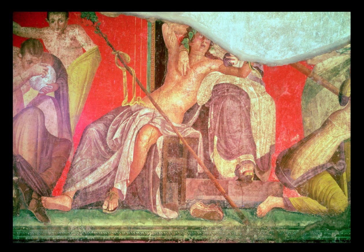 Dionysischer Gefolge mit Dionysos, der sich in den Schoß einer Frau lehnt (möglicherweise Ariadne, Aphrodite oder Semele), Ostwand, Oecus 5, 60-50 v. Chr. von Roman