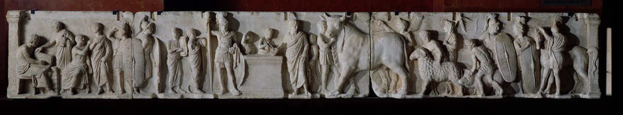 Die Volkszählung und das Opfer eines Stiers, eines Widders und eines Schweins zu Ehren des Gottes Mars, Fries vom Altar des Domitius Ahenobarbus, aus dem Neptuntempel, Rom von Roman