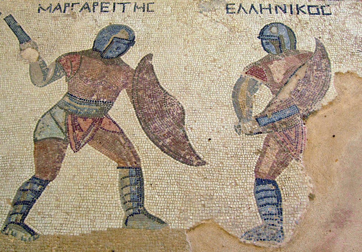 Ein Kampf zwischen zwei Gladiatoren, Haus der Gladiatoren, Kourion, Zypern (Mosaik) von Roman