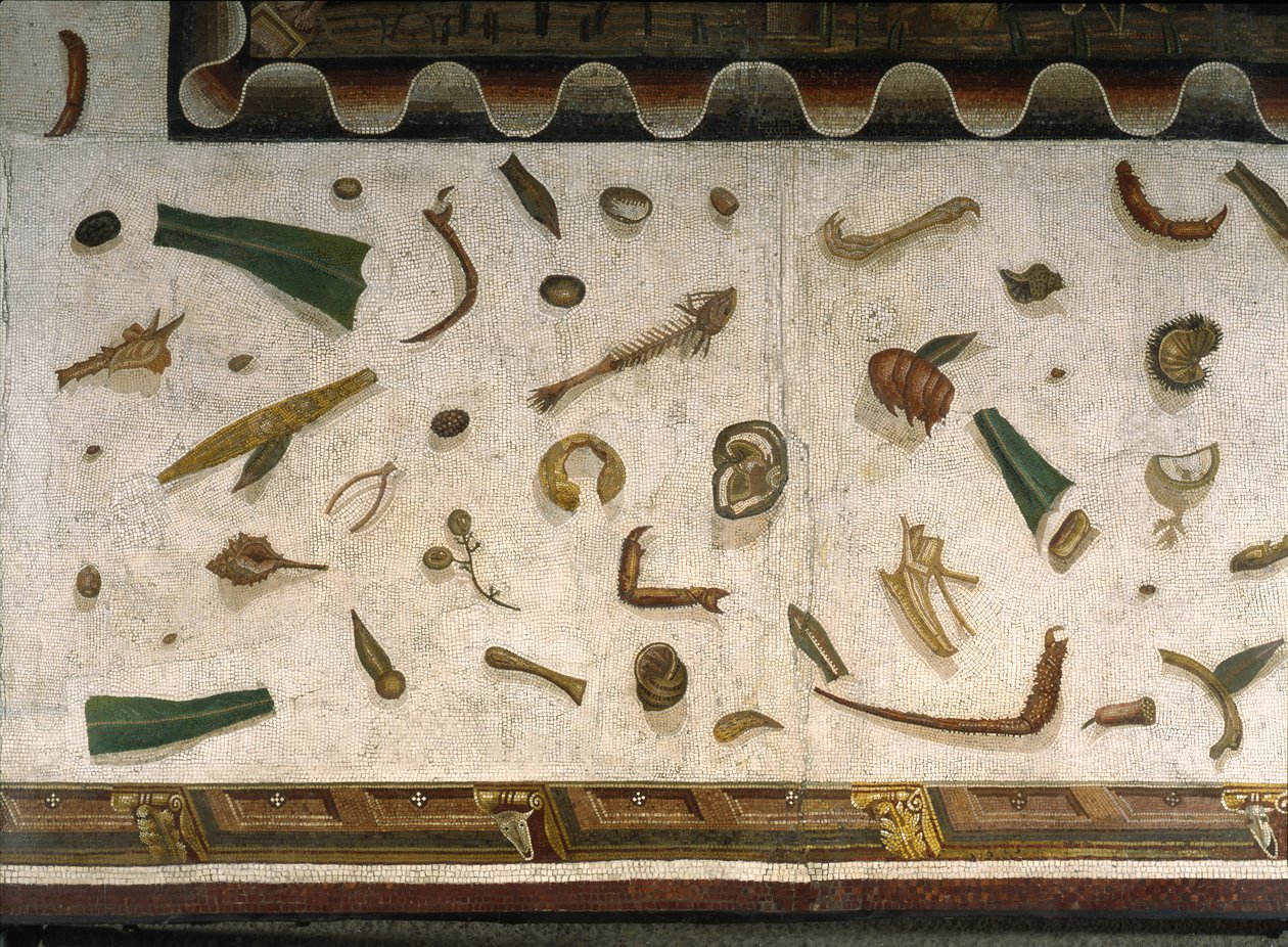 „Asarotos“ (Boden ungesäubert) Fragmente eines Mosaiks, signiert von Harakliton aus Rom, 2. Jahrhundert n. Chr., Rom von Roman