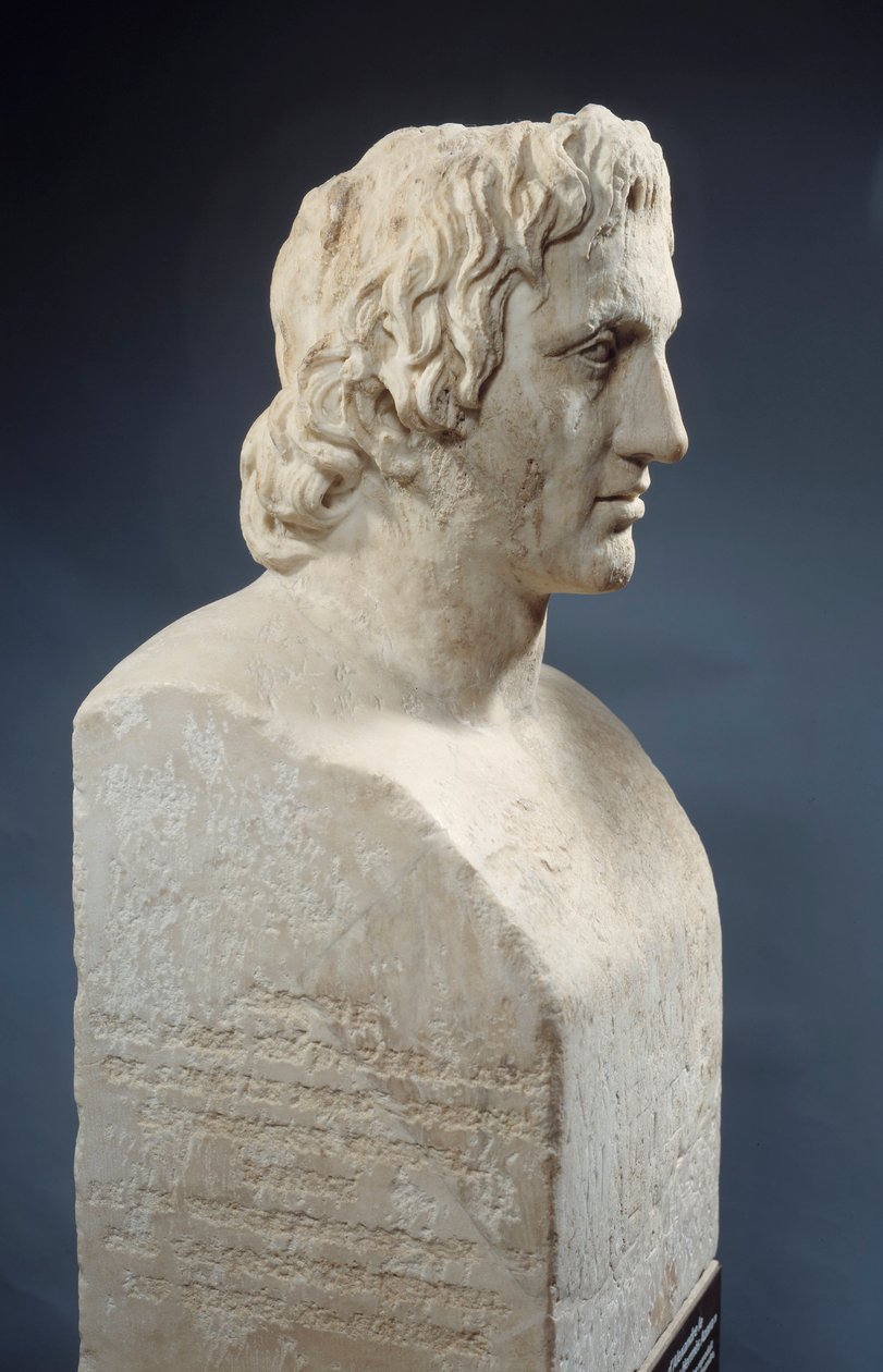 Büste von Alexander dem Großen, bekannt als „Hermes Azara“, römische Arbeit nach einer Bronzestatue von Lysippos. Um 330 v. Chr. Paris, Louvre Museum von Roman