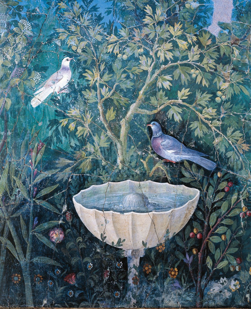 Detail eines Brunnens und Vögel aus einem Gartenbild, Haus des Goldenen Armbands, Pompeji von Roman
