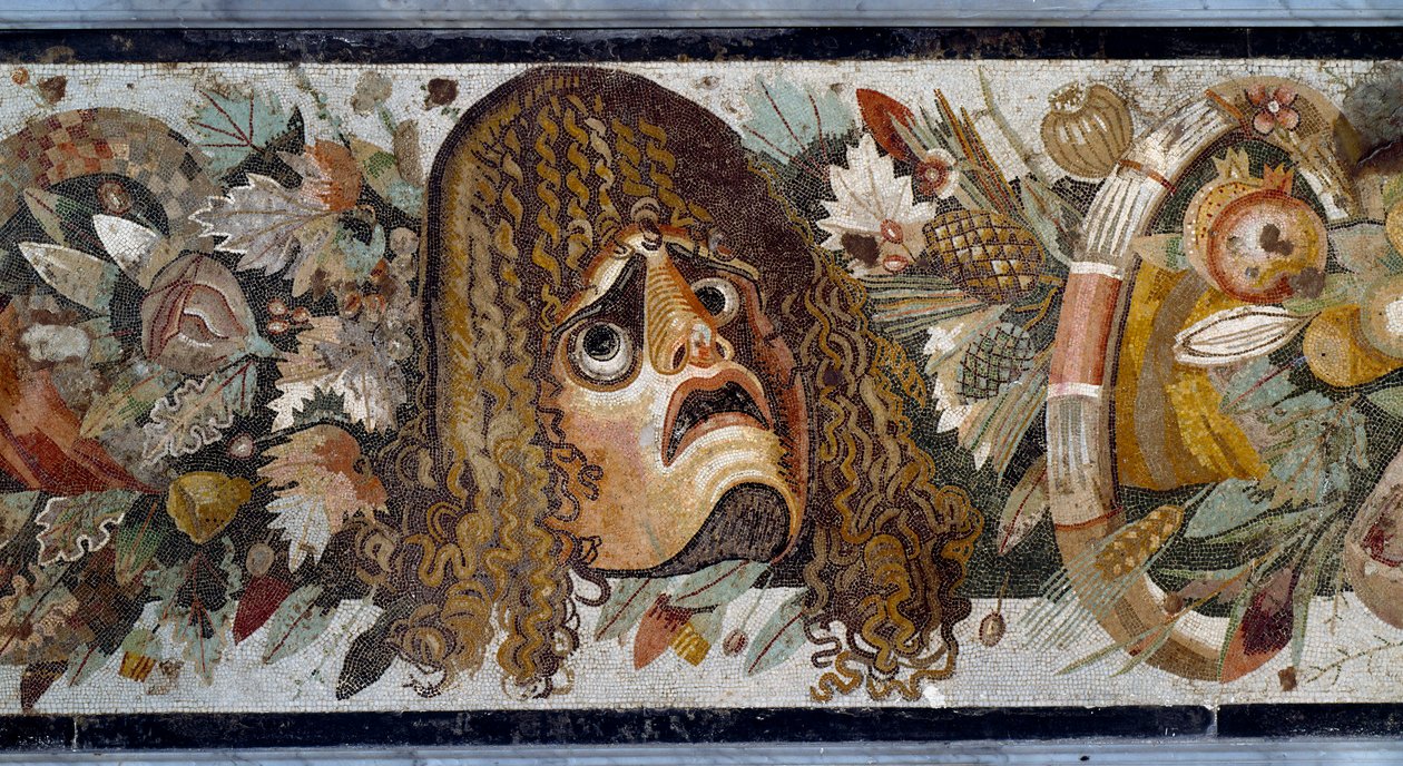 Girlande mit Maske, Blättern und Früchten. Detail. Mosaik aus dem Haus des Fauns in Pompeji, 2. Jahrhundert v. Chr. Dim: 280 x 49 cm. Museo Nazionale Archeologico, Neapel - Römische Kunst: Girlande mit tragischer Maske, Blättern und Früchten. Detail. Mosai von Roman