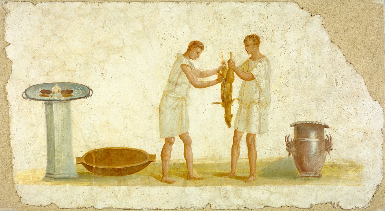 Fragment eines Freskopaneels mit einer Mahlzeitvorbereitung, ca. 100-150 von Roman