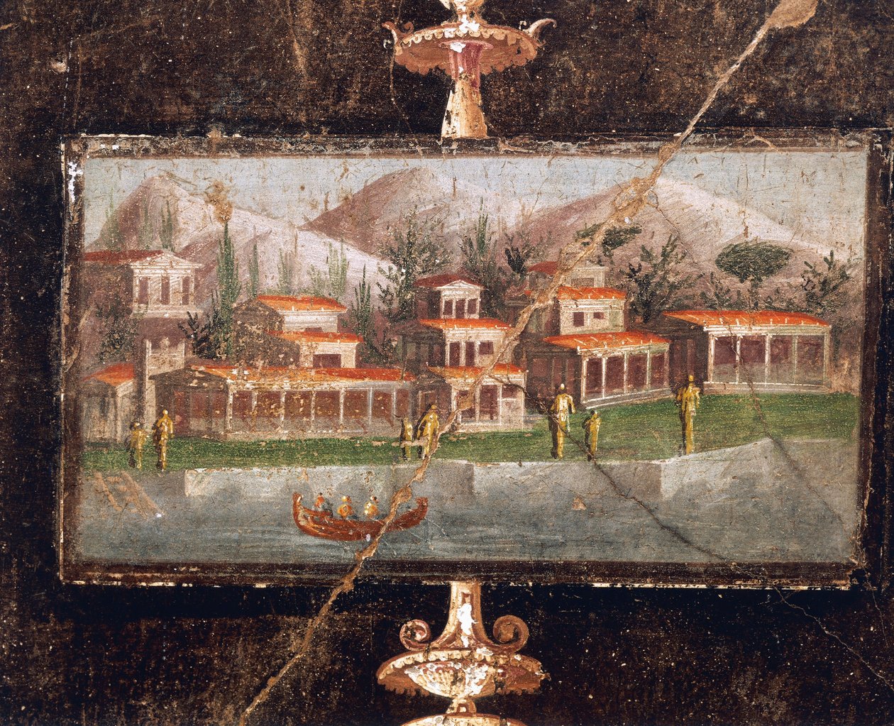 Landschaft und Architektur in Wandmalerei im Tablinum, Haus des Marco Lucrezio Fronto, Pompeji, Kampanien, römische Zivilisation von Roman