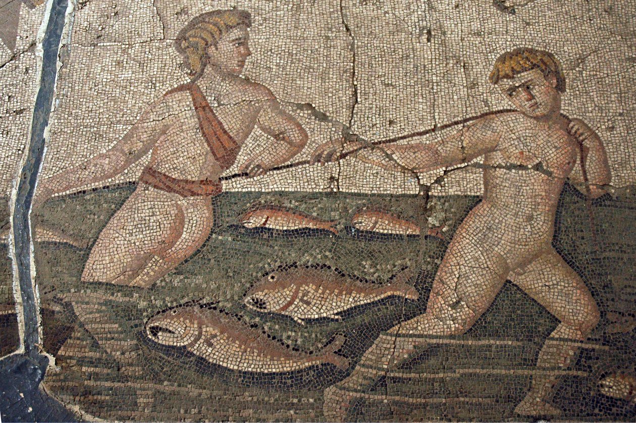 Nackte Fischer vom Mosaik von Thalassa dem Meer, aus Harbiye, Hatay (Mosaik) von Roman