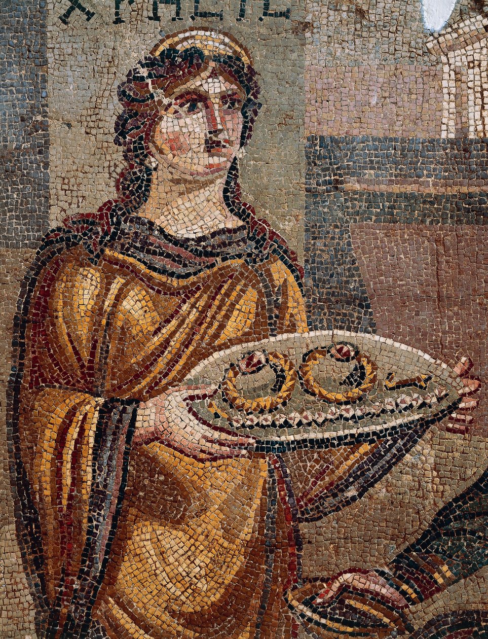 Gefangene Chresis übergibt ihrem Entführer Agamemnon die Schlüssel ihres Lösegeldes, Detail aus dem Mosaik von Chresis in Daphne, Antiochia, Türkei von Roman