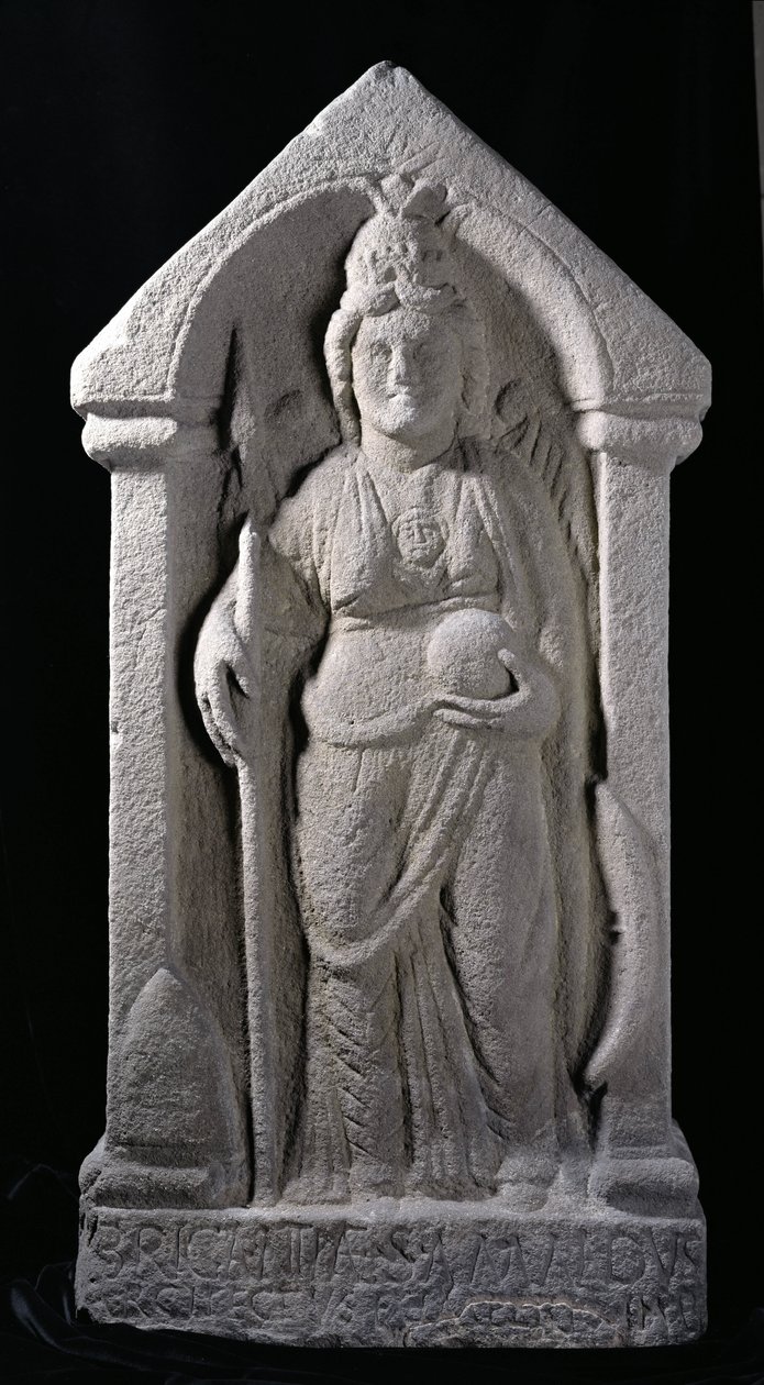 Reliefskulptur, die Brigantia, eine nordbritische einheimische Göttin, als römische Göttin darstellt, aus Birrens, Middlebie, Dumfriesshire von Roman