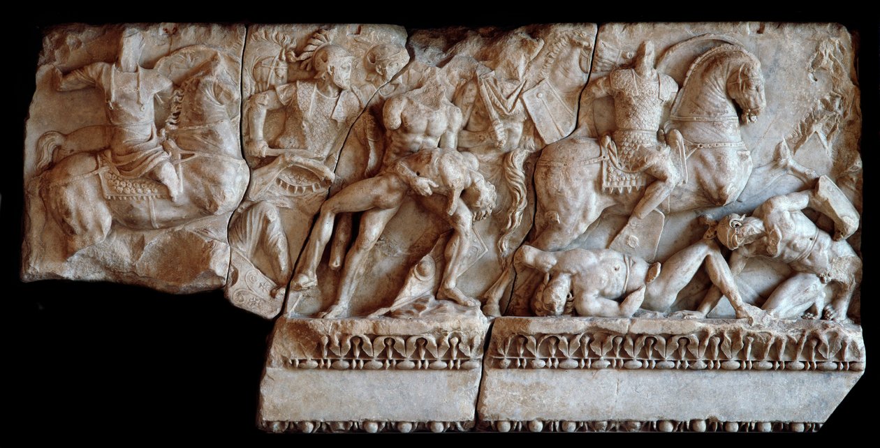Römische Kunst: Fragment eines Marmorsarkophags, der eine Kampfszene zwischen Galliern und Römern darstellt, 20 n. Chr. von Roman
