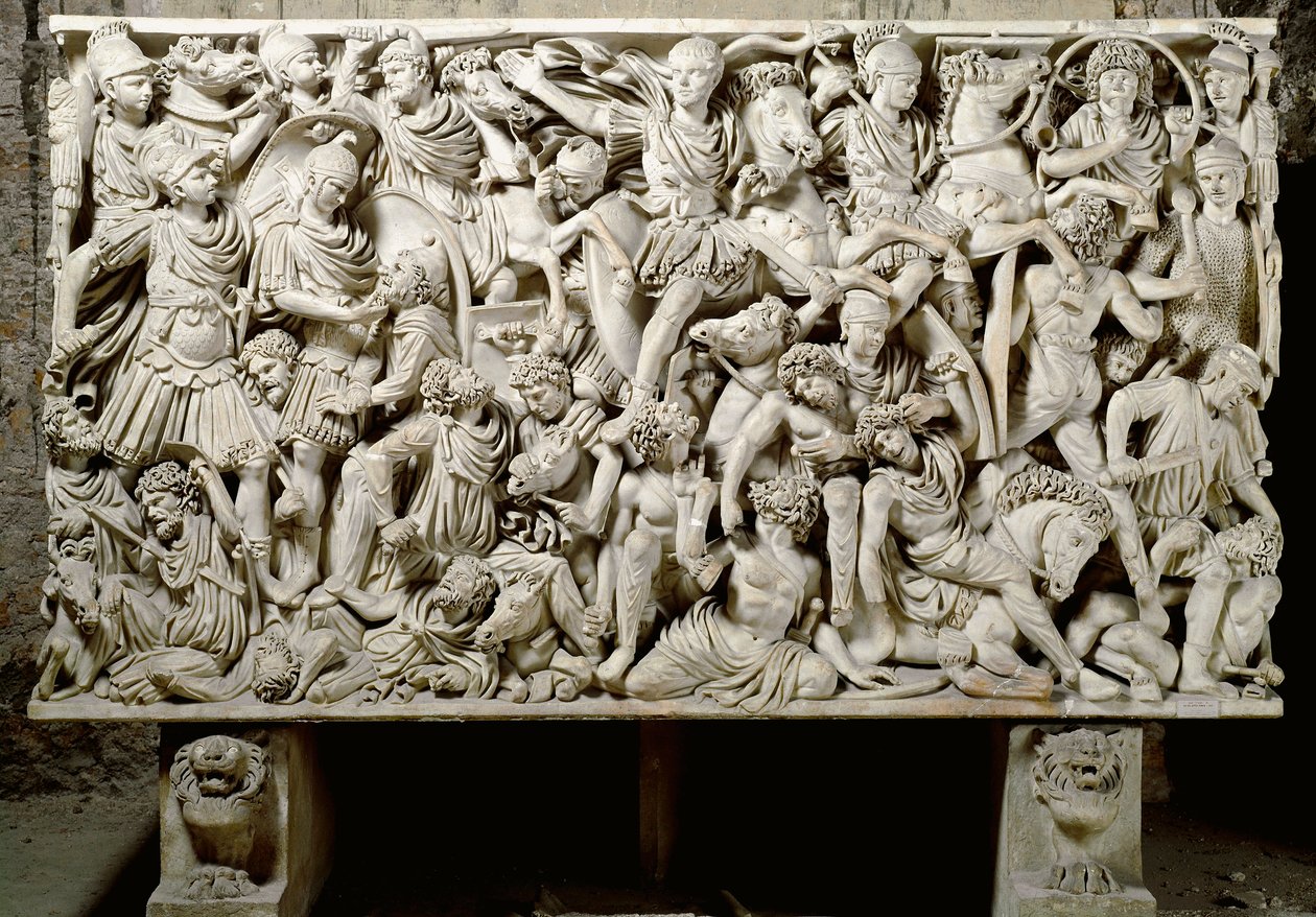 Römische Kunst: Ludovisi-Sarkophag mit Kampfszene zwischen Römern und Barbaren - 3. Jahrhundert n. Chr., Dim. 153x273 cm - Rom, Museo Nazionale Romano - Ostiliano, Sohn des Kaisers Decius (201-51 n. Chr.) umgeben von Kavallerie, aus der Schlacht zwischen R von Roman