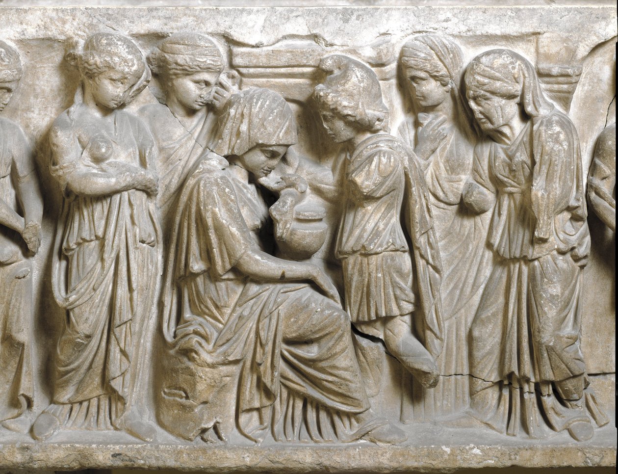Römische Antike: „Die Traurigkeit des Phaedrus, verliebt und von Hippolytus zurückgewiesen“. Flachrelief eines Sarkophags namens „Phaedrus und Hippolytus“. 3. Jahrhundert n. Chr. Palermo, Museo Archeologico Nazionale von Roman