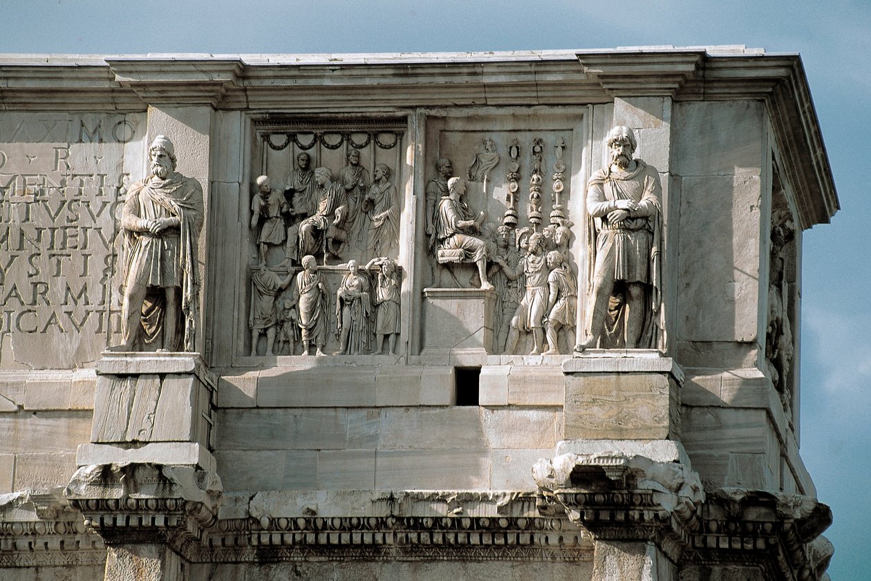 Römische Kunst: Reliefdarstellung der Verteilung von Subventionen und der Kapitulation eines barbarischen Anführers von Roman