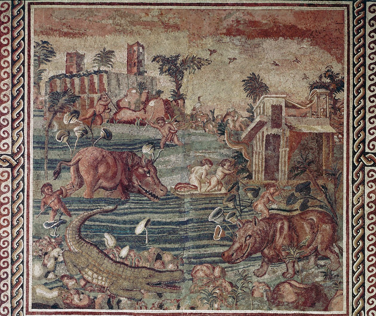 Römische Kunst: Nil-Landschaftsmosaik aus einer Villa auf dem Aventin-Hügel, Rom 1.-2. Jahrhundert. Rom, Museo Nazionale Romano im Palazzo Massimo, Inv 171 von Roman