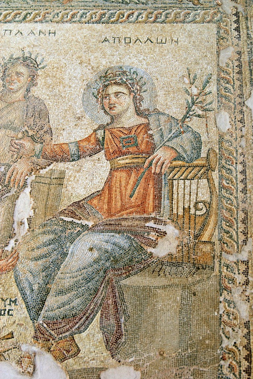 Das Apollo und Marsyas Mosaik, Detail von Plinius und Apollo, Haus des Aion, Paphos, Zypern von Roman
