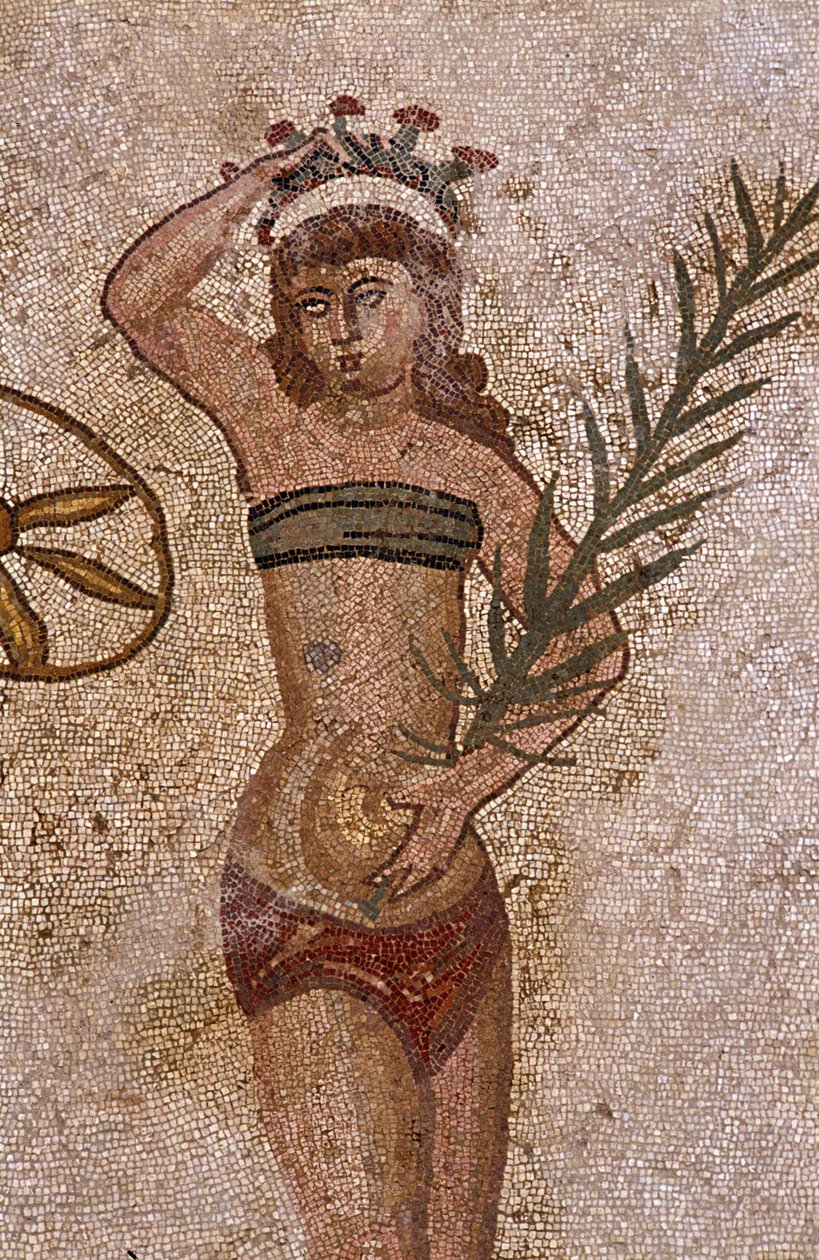 Junge Römer bei körperlichen Übungen. Sie tragen einen Lendenschurz um die Nieren und ein Strophium (Vorläufer des BHs) auf der Brust. Der Palmzweig, den sie halten, ist ein Symbol des Sieges. Römisches Mosaik des 3. - 4. Jahrhunderts der Villa del Casale, von Roman