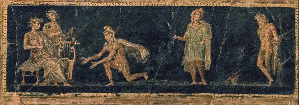 Der musikalische Wettstreit zwischen Apollo und Marsyas von Roman Pompeian wall painting.